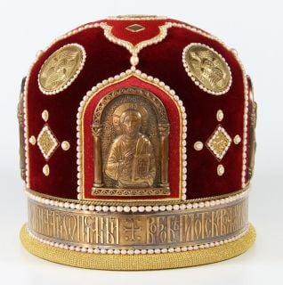 red velvet mitre with embroided icons and pearls