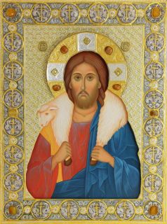 handpainted icon of the good shepherd in metal oklad to order