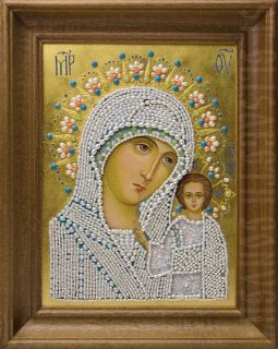  Icon of The Mother of God of Kazan from finely ground semiprecious stones 