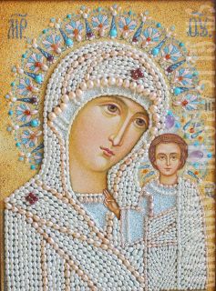  Icon of The Mother of God of Kazan from finely ground semiprecious stones 