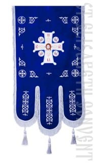 blue church banner with embroidered icon
