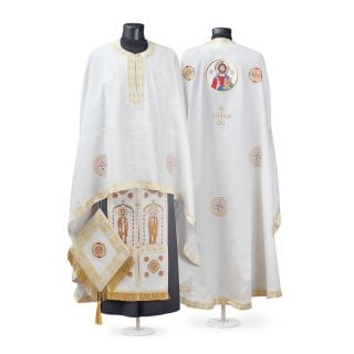 greek-style priest vestment with jesus christ medallion