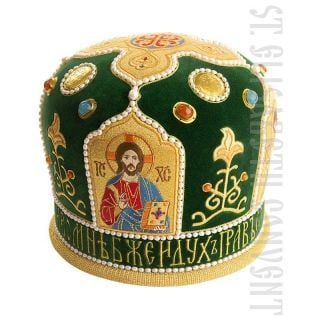 blue velvet mitre with icons and semi-precious stones and pearls