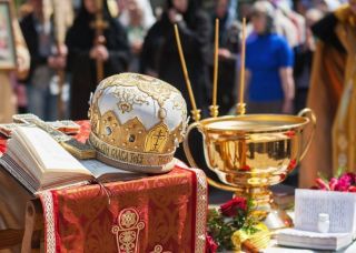 burgundy velvet mitre with icons
