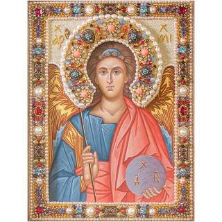 hand-painted icon of the archangel Michael with velvet Riza
