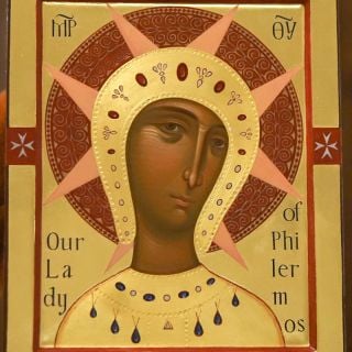 Hand-painted icon of Our Lady of Philermos