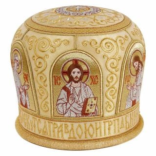 Gold mitre handmade with sewn icons and embroidered prayer