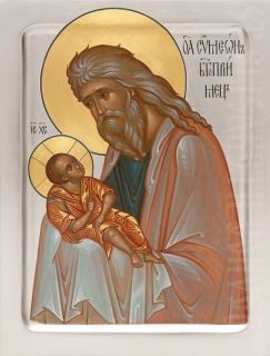 painted icon of holy righteous Symeon the god-receiver holding baby Jesus