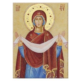 Icon of the Mother of God Protection n blue vestment with pearls and semi-precious stones