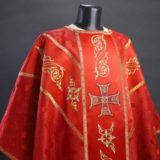 red church silk chasuble with embroidered crosses