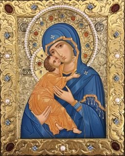 handpainted vladimir icon of the mother of god in oklad