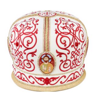 White mitre with handmade embroidery and ceramic icons
