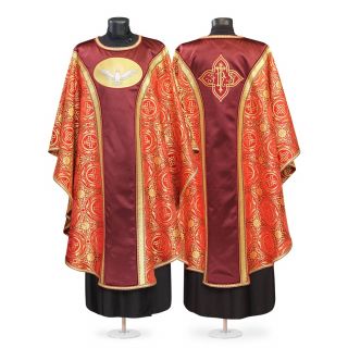 Red and burgundy chasuble with embroidery and sewn icon