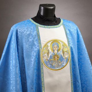White and blue Chasuble with icon of Our Lady of the Sign