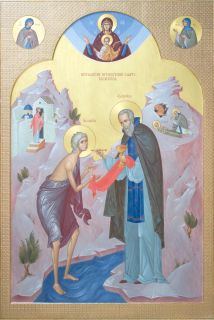 Hand-painted Icon of St Mary of Egypt and Abba Zosimas in the river with scenes of her life