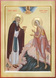 hand-painted with egg-temperaIcon of St. Mary of Egypt and St. Zosimas in the river in the desert 