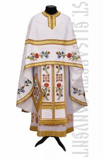 white priest vestment decorated with field flowers embroidery front view