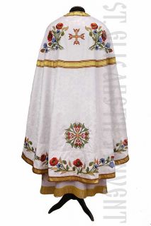 white priest vestment decorated with field flowers embroidery front view