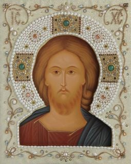 handpainted icon of Jesus Christ in an embroidered oklad