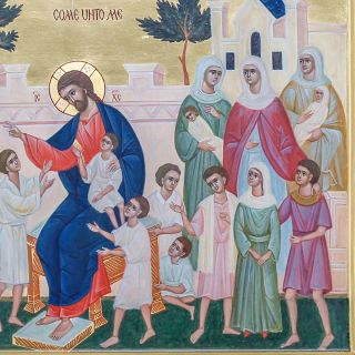 Hand-painted icon with Jesus Christ blessing the Children