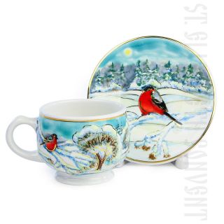 Ceramic cup and saucer set - winter landscape with Bullfinch