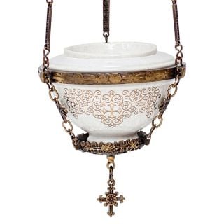 hanging ceramic vigil lamp with golden patterns