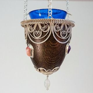 hanging wooden vigil lamp with silver filigree