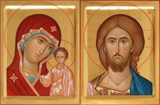 hand-painted wedding icon set of Jesus Christ and the Theotokos