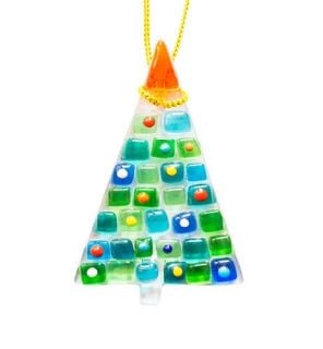 fused glass small christmas tree with toys