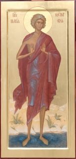 Hand-painted icon of Saint Mary of Egypt over the river in the desert in Full Height 