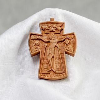 wooden hand carved cross with Jesus