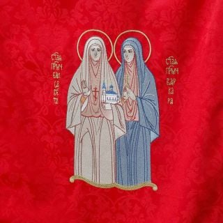 Icon stand cover with saints embroidery red church silk