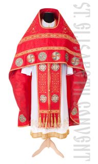 red Russian-style Priest vestment with embroidered flowers and Medallion of Jesus Christ