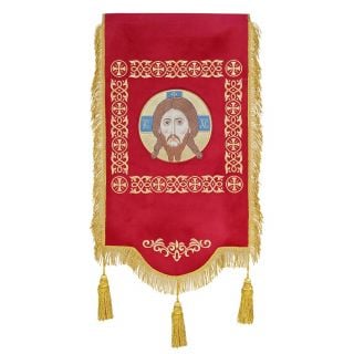 red velvet church banner with Savior medallion