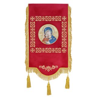 burgundy velvet khorugv with an embroidered icon of the mother of god