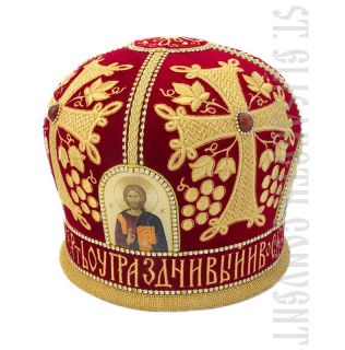 green velvet mitre with embroidery and lacquered icons of Jesus Christ and Theotokos