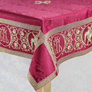 Burgundy altar cover with embroidered ornament holy and crosses