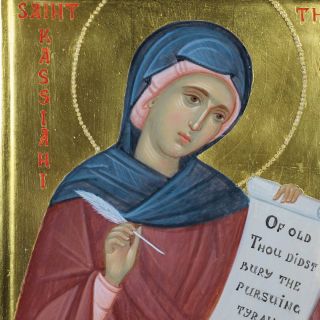 painted icon of st cassiana with chiseling on gesso