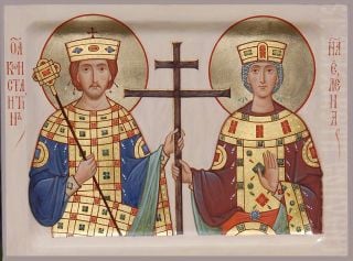 horizontal painted icon of ss constantine and helen
