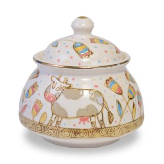 Ceramic Sugar Bowl White with Original Painting of Funny Animals