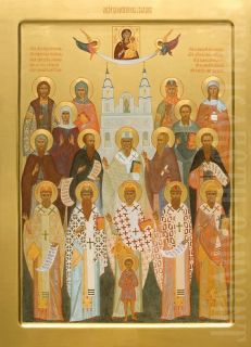 full-figure painted icon of the Synaxis of Belarusian Saints