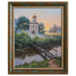 vertical oil painting with a church