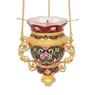 gilded hanging vigil lamp with hand-painted flowers