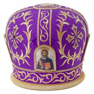 violet mitre with gold embroidery and medallions