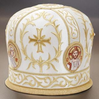 handmade mitre with sewn icons medallions