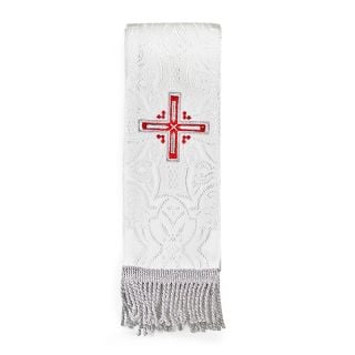 white bookmark with red embroidered cross