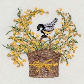 Easter tablecloth with embroidered mimosas and birds