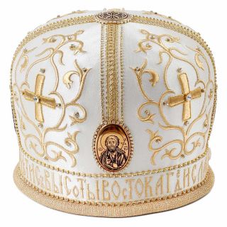 white polyester mitre with icons and embroidery