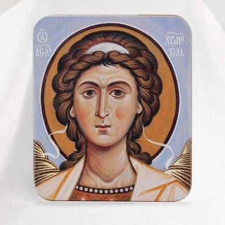wooden square icon of the Guardian angel light blue background