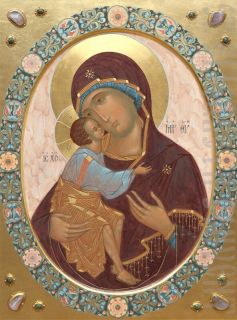 painted orthodox Zhirovichi icon of the Mother of God decorated with gemstones in casts